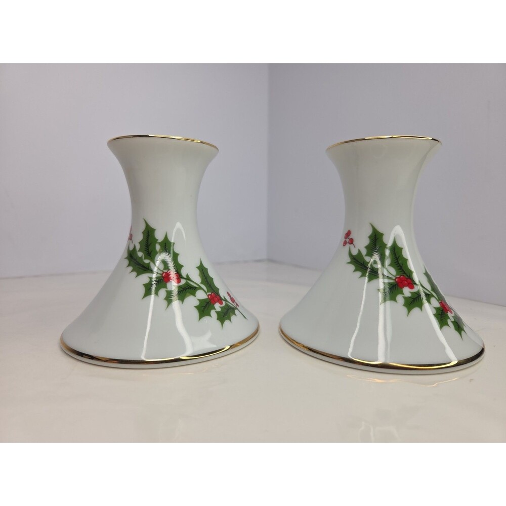 Beacon Hill Vintage Porcelain Christmas  Candle Holders Set of 2 Japan Gold Trim